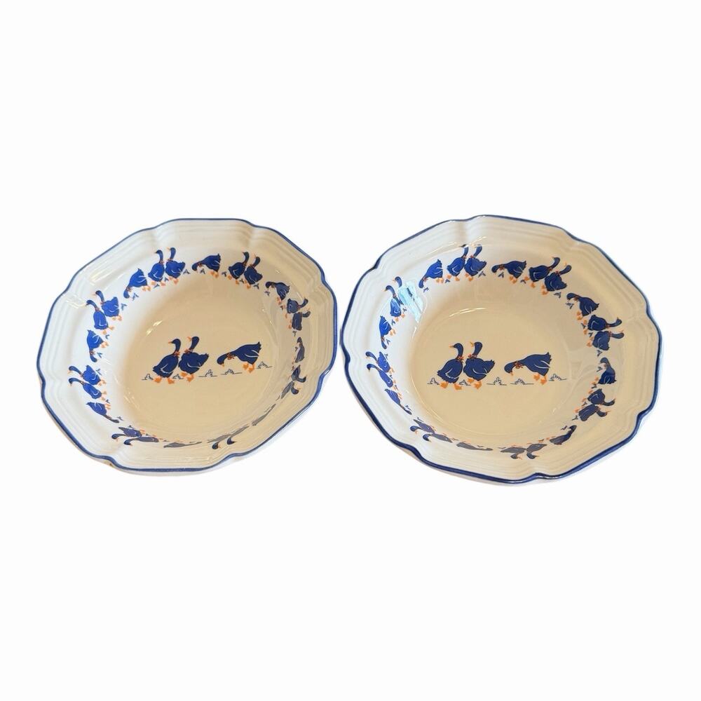 Vintage 2 Hankook Blue Ducks Bowls w/Bows 7” Scalloped Salad/Soup CottageCore